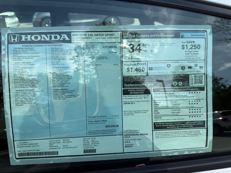 19XFL2H84TE019962 2026 Honda Civic Hatchback Sport