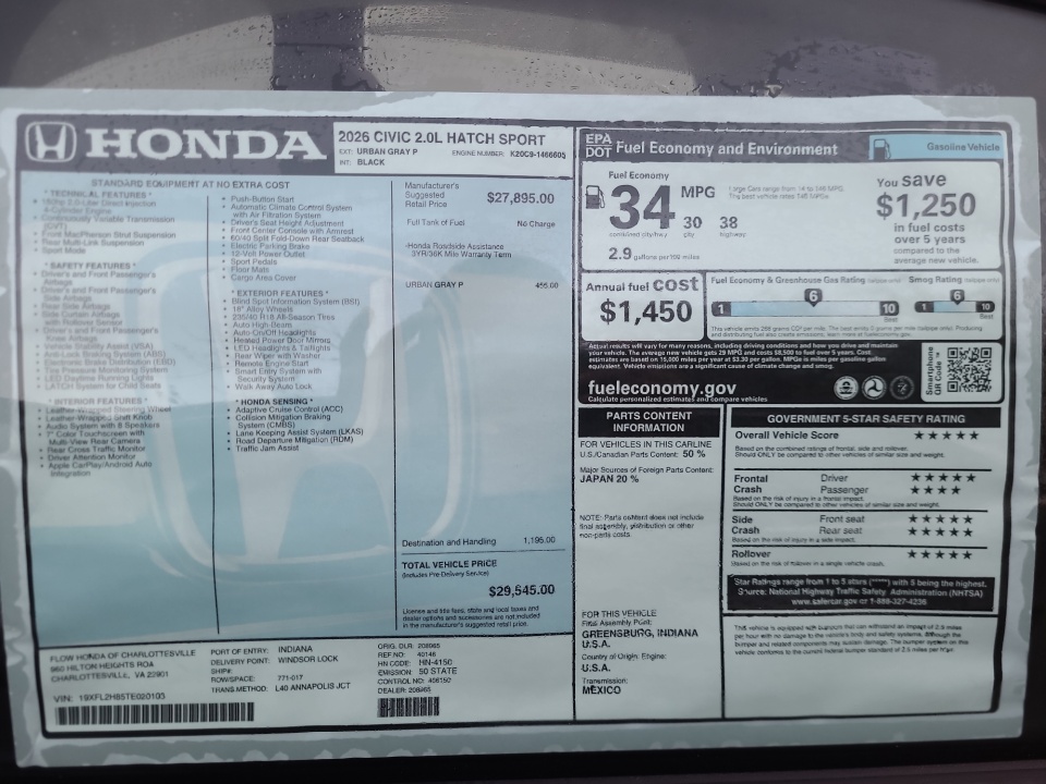 19XFL2H85TE020103 2026 Honda Civic Hatchback Sport