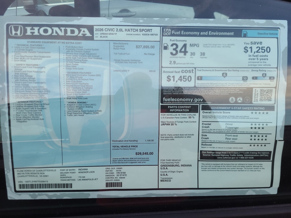 19XFL2H85TE028413 2026 Honda Civic Hatchback Sport