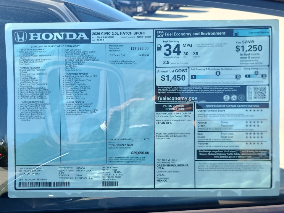 19XFL2H87TE018448 2026 Honda Civic Hatchback Sport