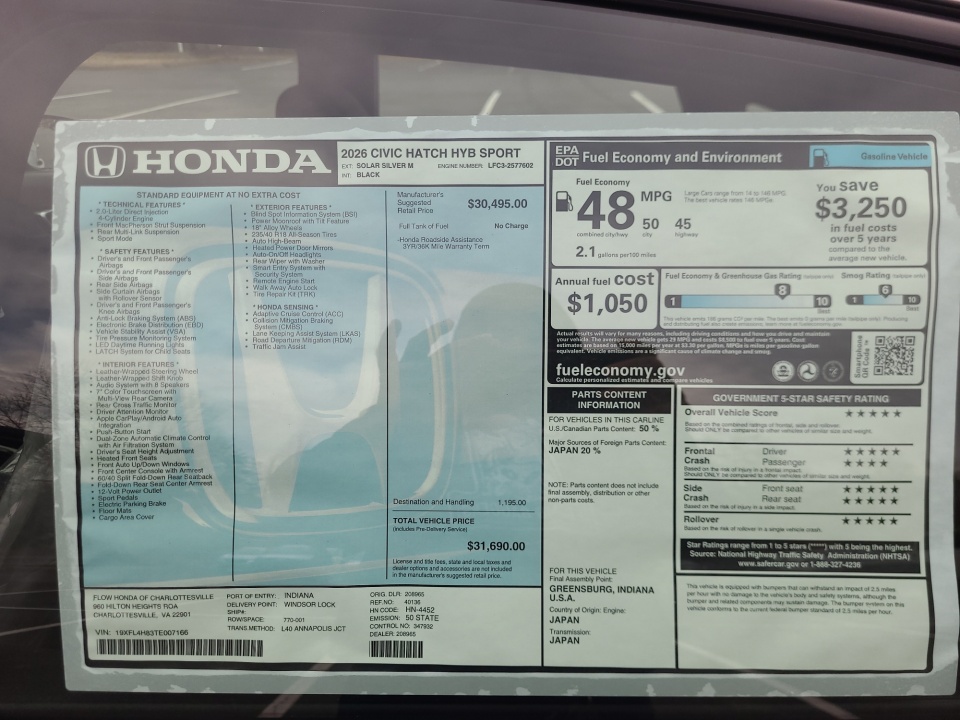 19XFL4H83TE007166 2026 Honda Civic Hybrid Sport