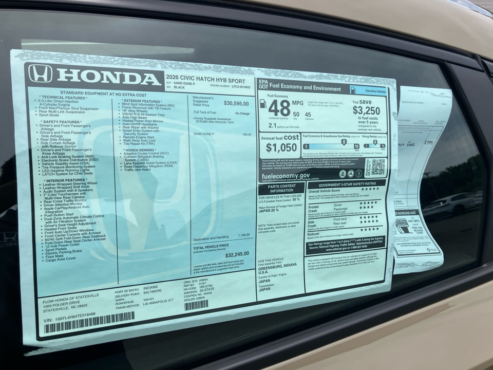 19XFL4H84TE018466 2026 Honda Civic Hybrid Sport