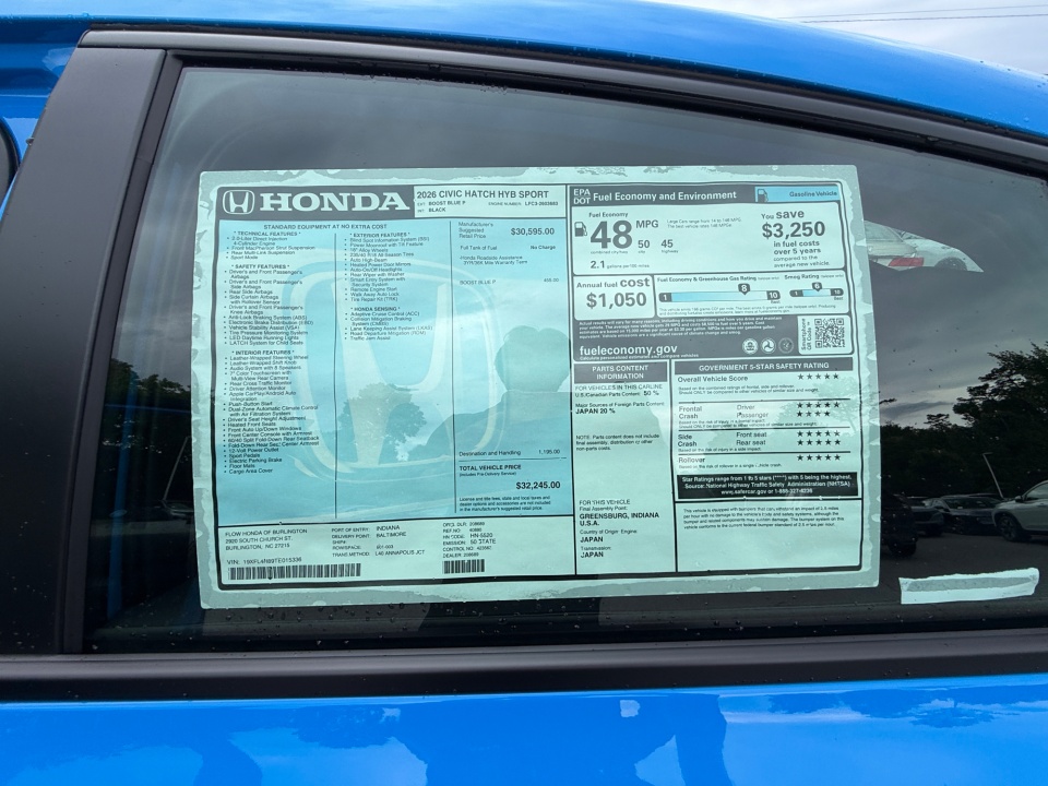 19XFL4H89TE015336 2026 Honda Civic Hybrid Sport