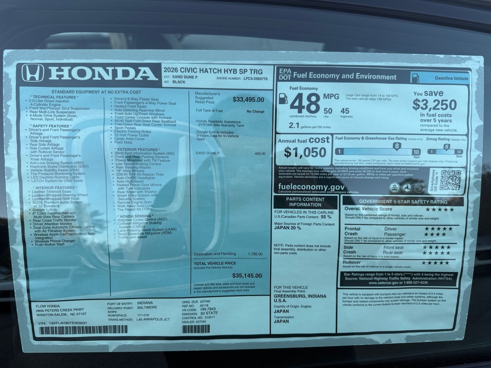 19XFL4H90TE003231 2026 Honda Civic Hybrid Sport Touring