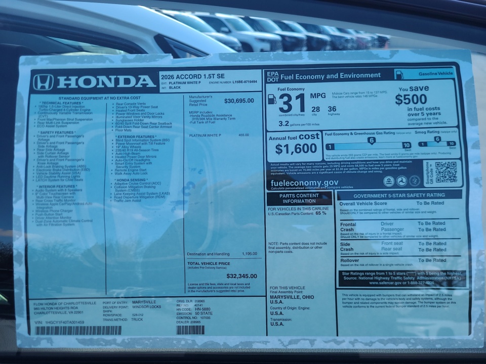 1HGCY1F40TA001459 2026 Honda Accord Sedan SE