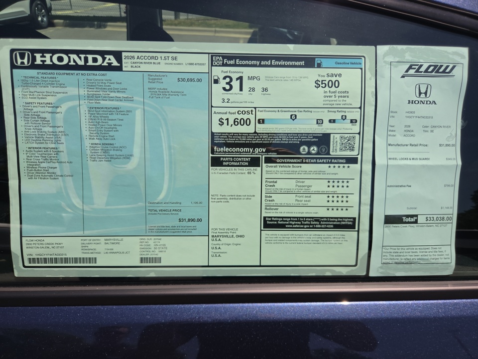 1HGCY1F44TA033315 2026 Honda Accord Sedan SE