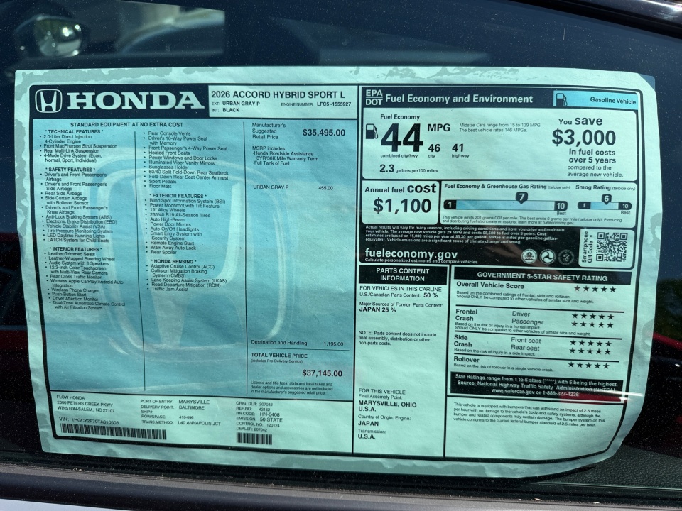 1HGCY2F70TA010503 2026 Honda Accord Hybrid Sport-L