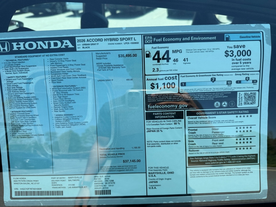 1HGCY2F76TA010506 2026 Honda Accord Hybrid Sport-L