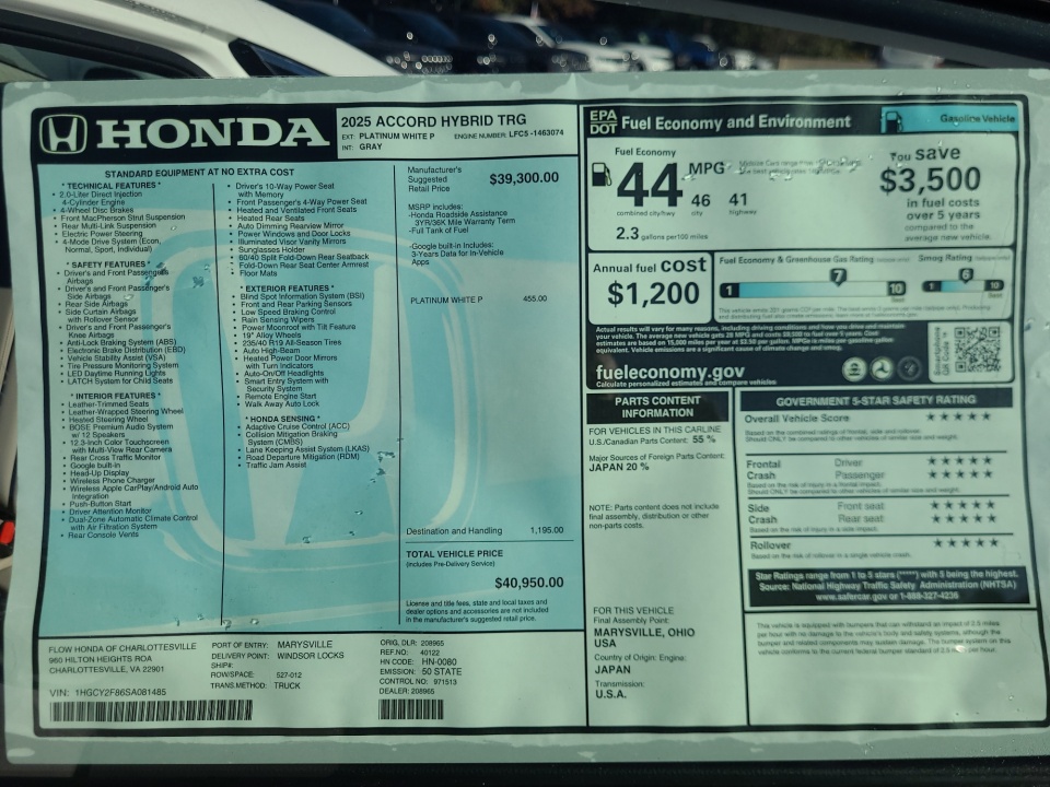 1HGCY2F86SA081485 2025 Honda Accord Hybrid Touring