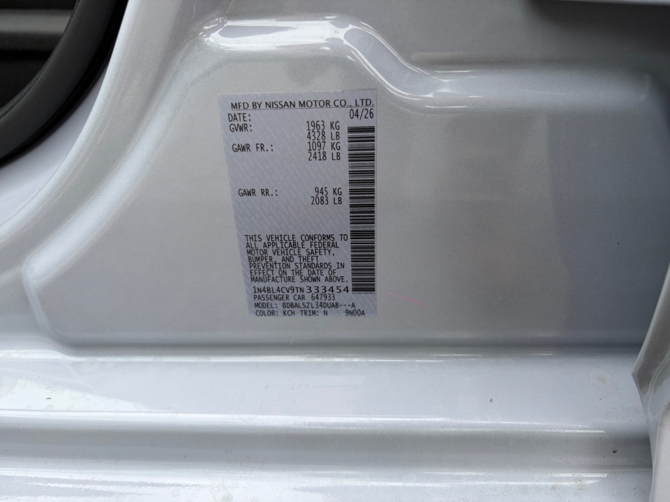 1N4BL4CV9TN333454 2026 Nissan Altima SR FWD