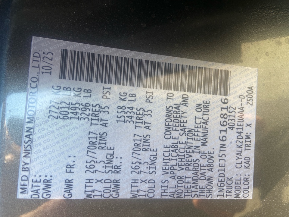 1N6ED1EJ5TN616816 2026 Nissan Frontier Crew Cab PRO-X 4x2