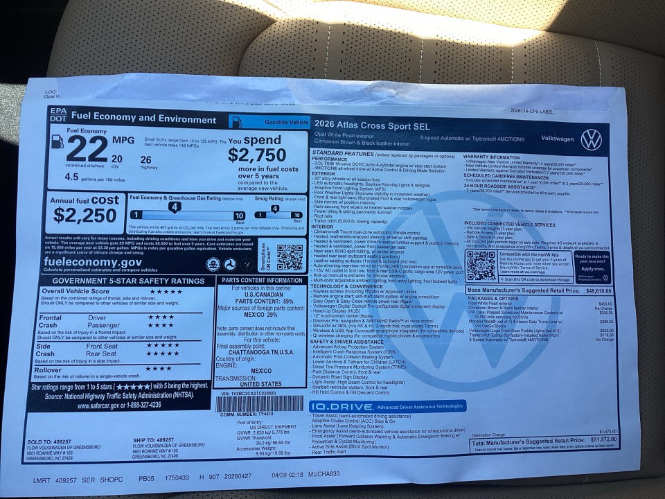 1V2BC2CA2TC228583 2026 Volkswagen Atlas Cross Sport SEL