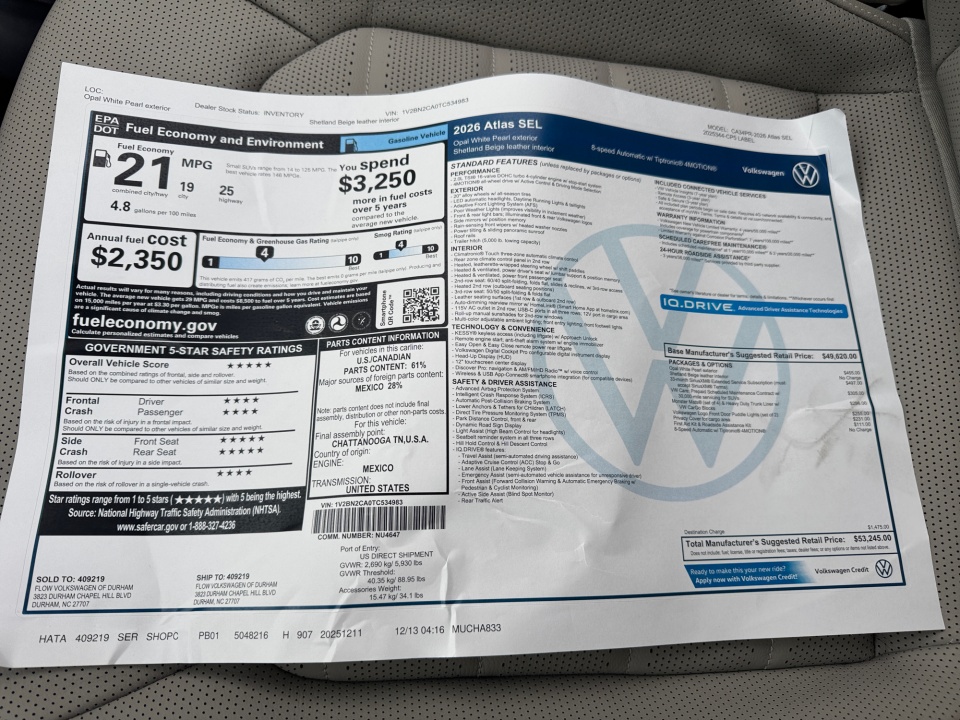 1V2BN2CA0TC534983 2026 Volkswagen Atlas SEL