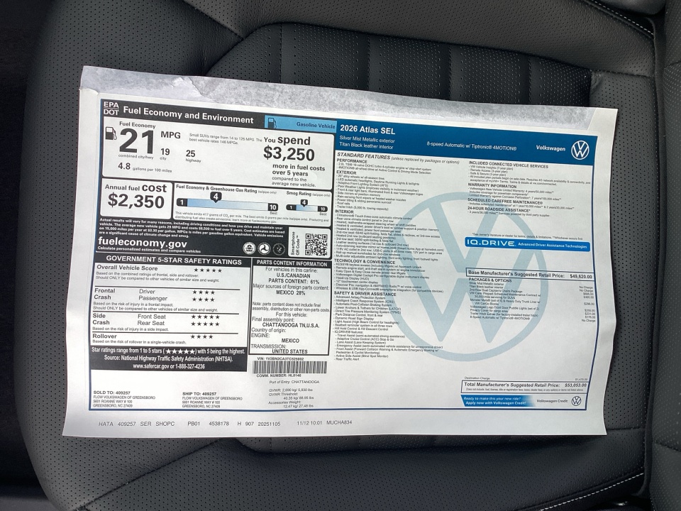 1V2BN2CA3TC525002 2026 Volkswagen Atlas 2.0T SEL