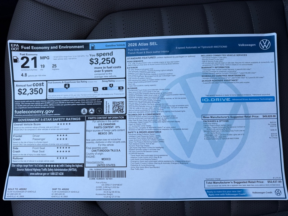 1V2BN2CAXTC534215 2026 Volkswagen Atlas SEL