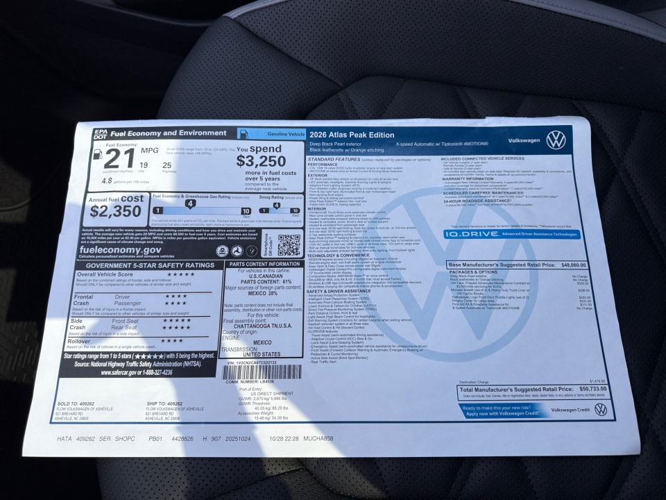 1V2CN2CA8TC522133 2026 Volkswagen Atlas 2.0T Peak Edition