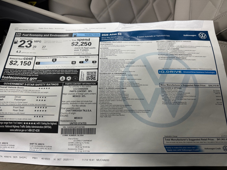 1V2DN2CA6TC527285 2026 Volkswagen Atlas SE