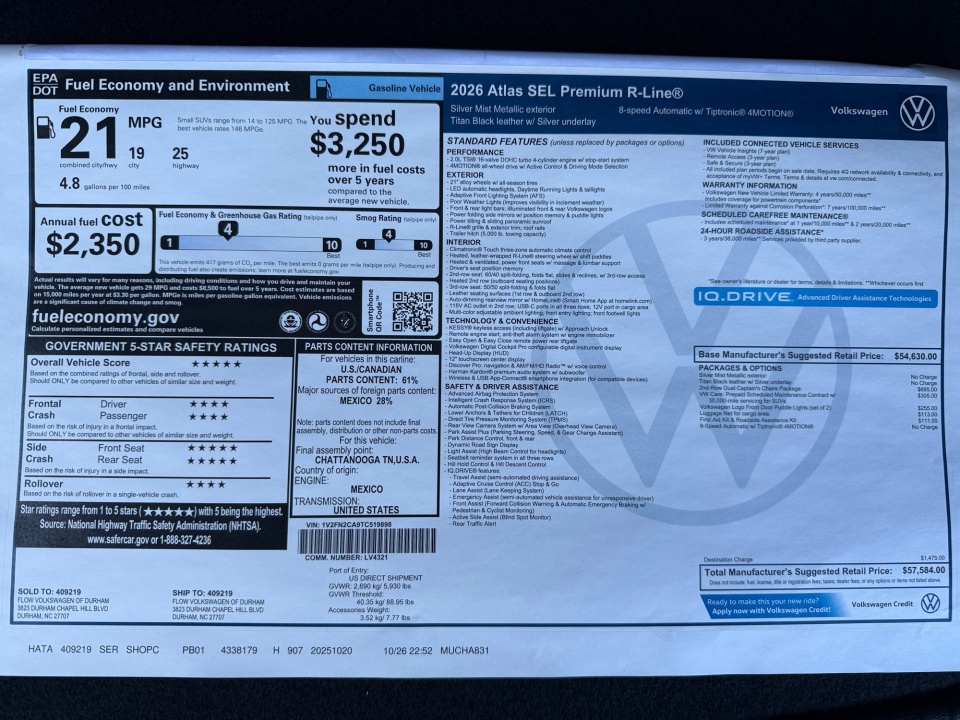 1V2FN2CA9TC519898 2026 Volkswagen Atlas SEL Premium R-Line