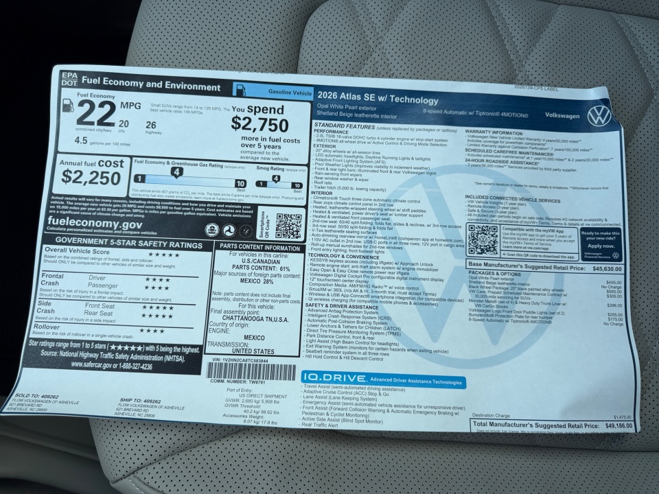 1V2HN2CA8TC583844 2026 Volkswagen Atlas SE with Technology