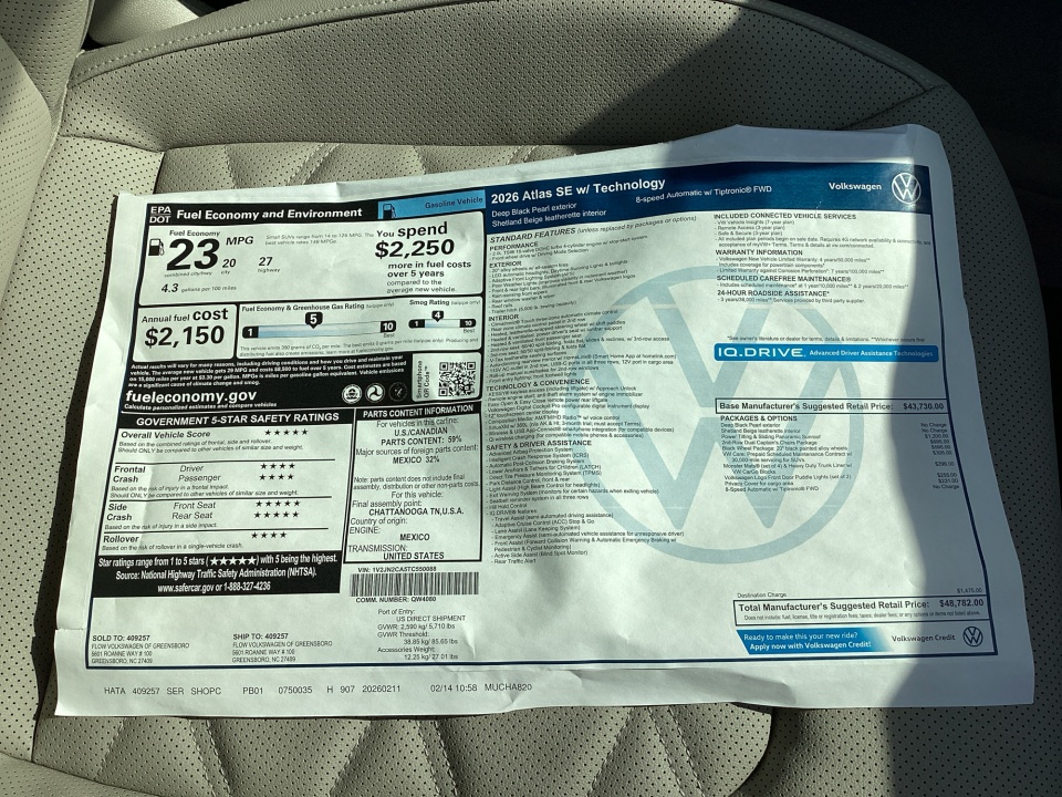 1V2JN2CA5TC550088 2026 Volkswagen Atlas SE with Technology