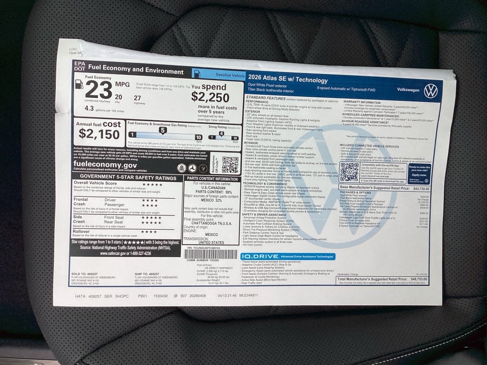 1V2JN2CA8TC569153 2026 Volkswagen Atlas SE with Technology