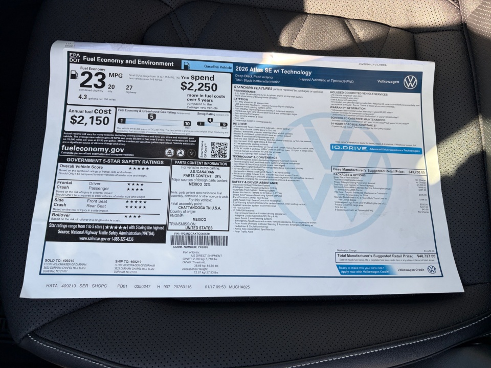 1V2JN2CAXTC540530 2026 Volkswagen Atlas SE with Technology