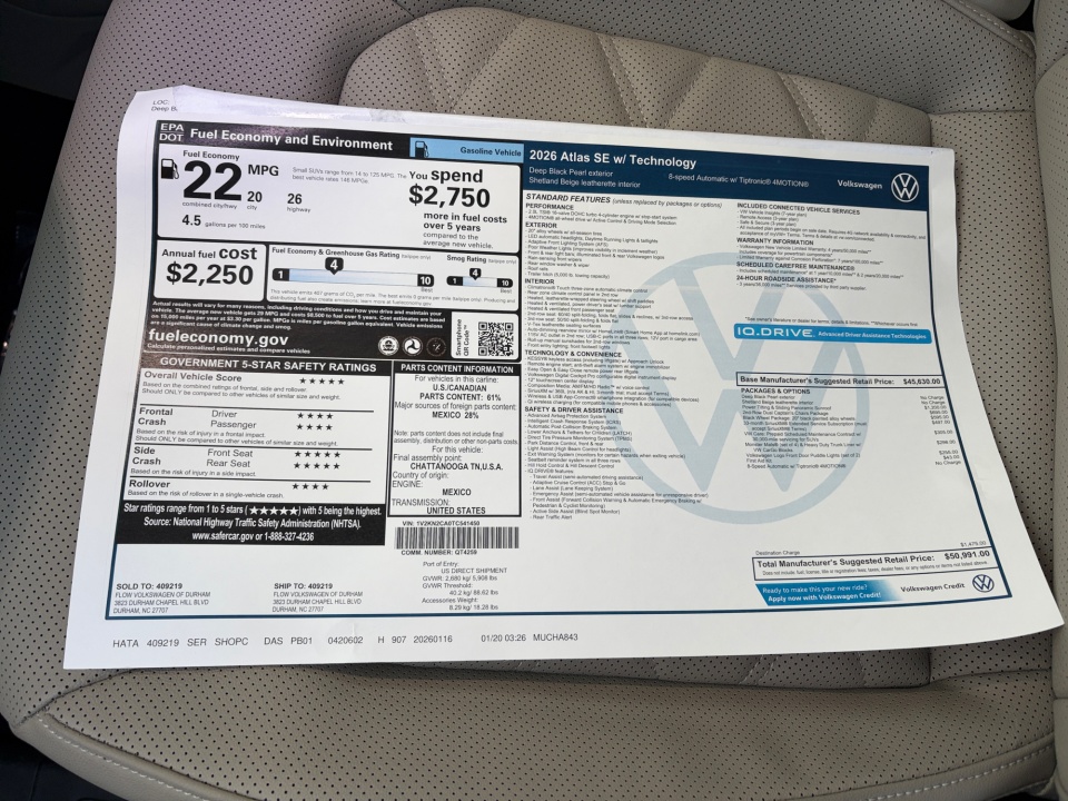 1V2KN2CA0TC541450 2026 Volkswagen Atlas SE with Technology