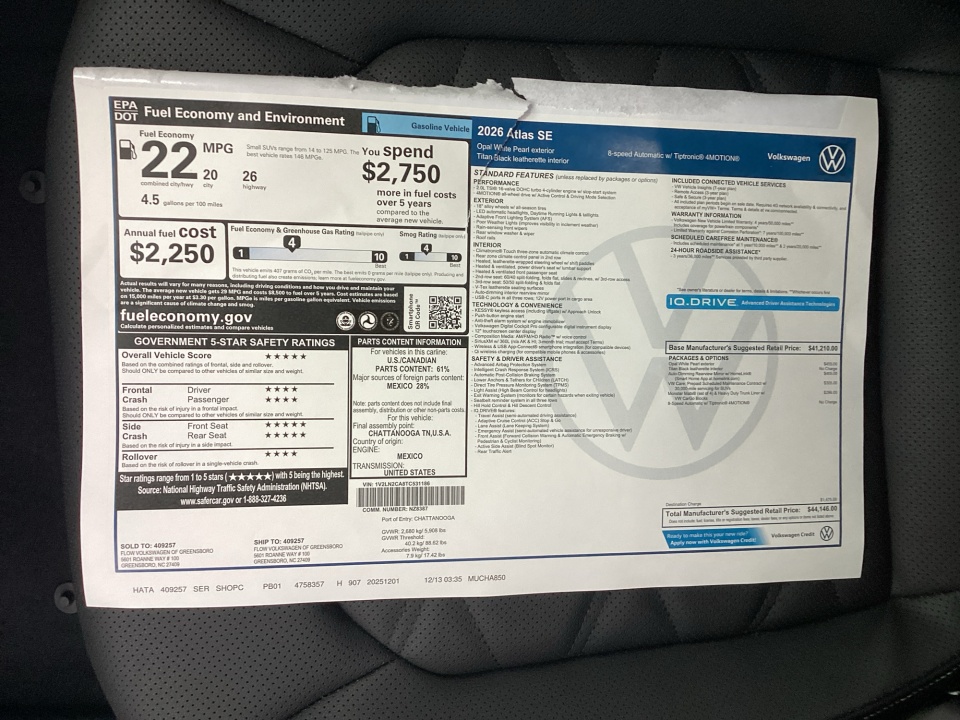 1V2LN2CA8TC531186 2026 Volkswagen Atlas SE