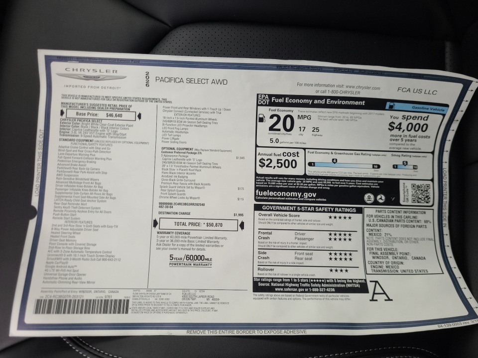 2C4RC3BG0TR203121 2026 Chrysler Pacifica Select AWD