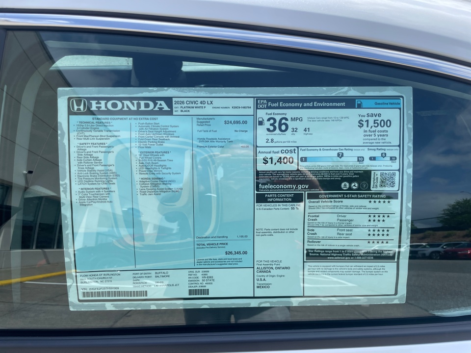 2HGFE2F25TH591959 2026 Honda Civic Sedan LX