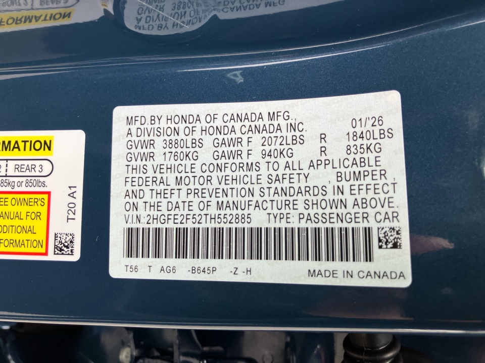 2HGFE2F52TH552885 2026 Honda Civic Sedan Sport