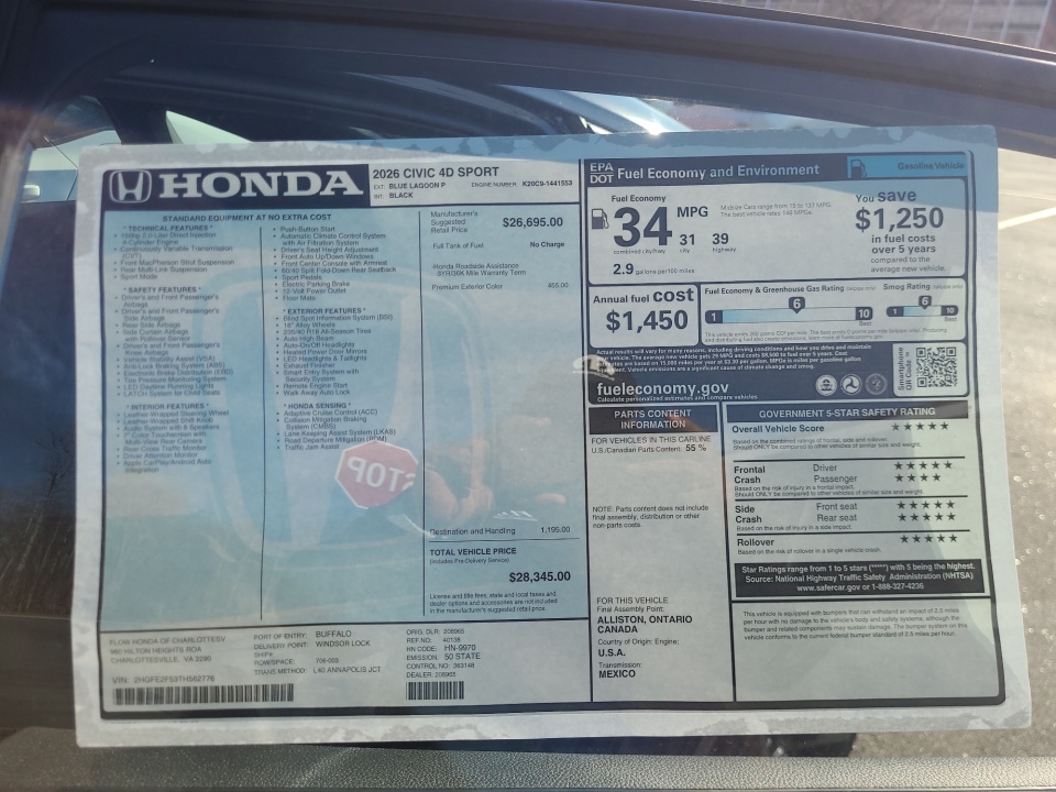 2HGFE2F53TH562776 2026 Honda Civic Sedan Sport