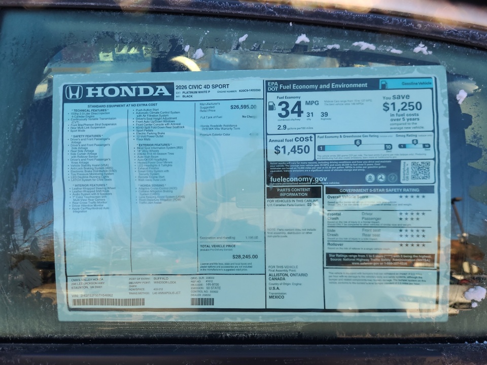 2HGFE2F55TH546952 2026 Honda Civic Sedan Sport