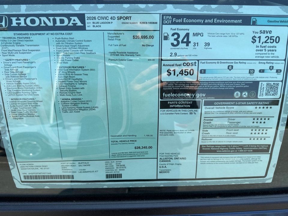 2HGFE2F56TH571343 2026 Honda Civic Sedan Sport