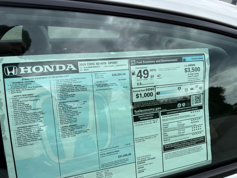 2HGFE4F80TH339228 2026 Honda Civic Hybrid Sport