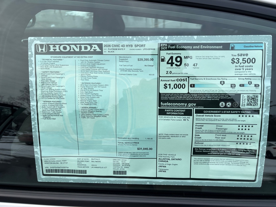 2HGFE4F84TH332704 2026 Honda Civic Hybrid Sport