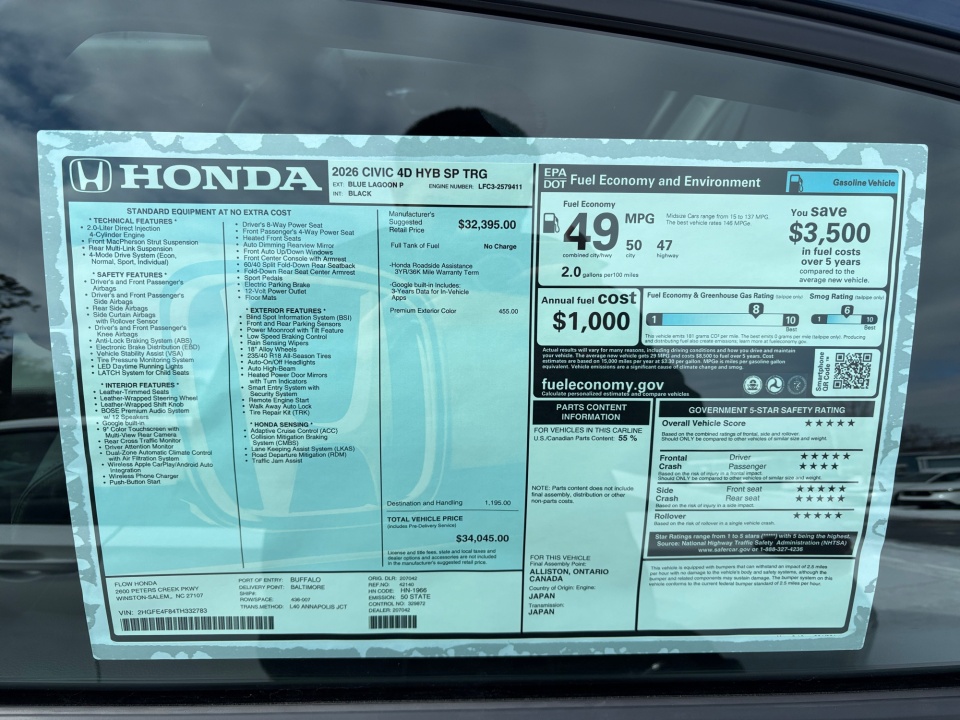 2HGFE4F84TH332783 2026 Honda Civic Hybrid Sport