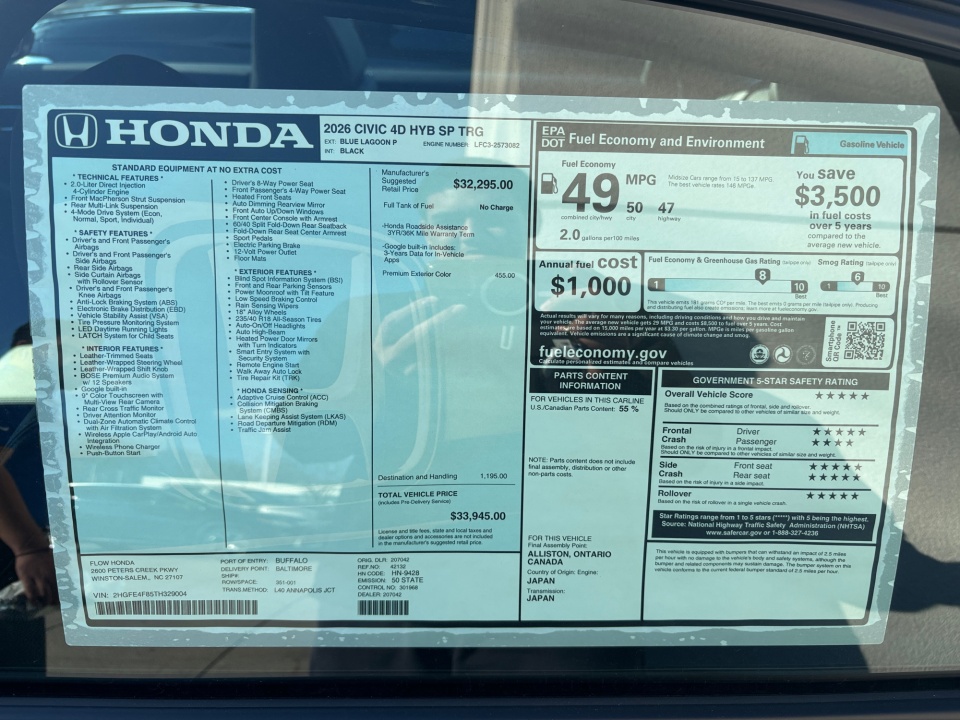 2HGFE4F85TH329004 2026 Honda Civic Hybrid Sport