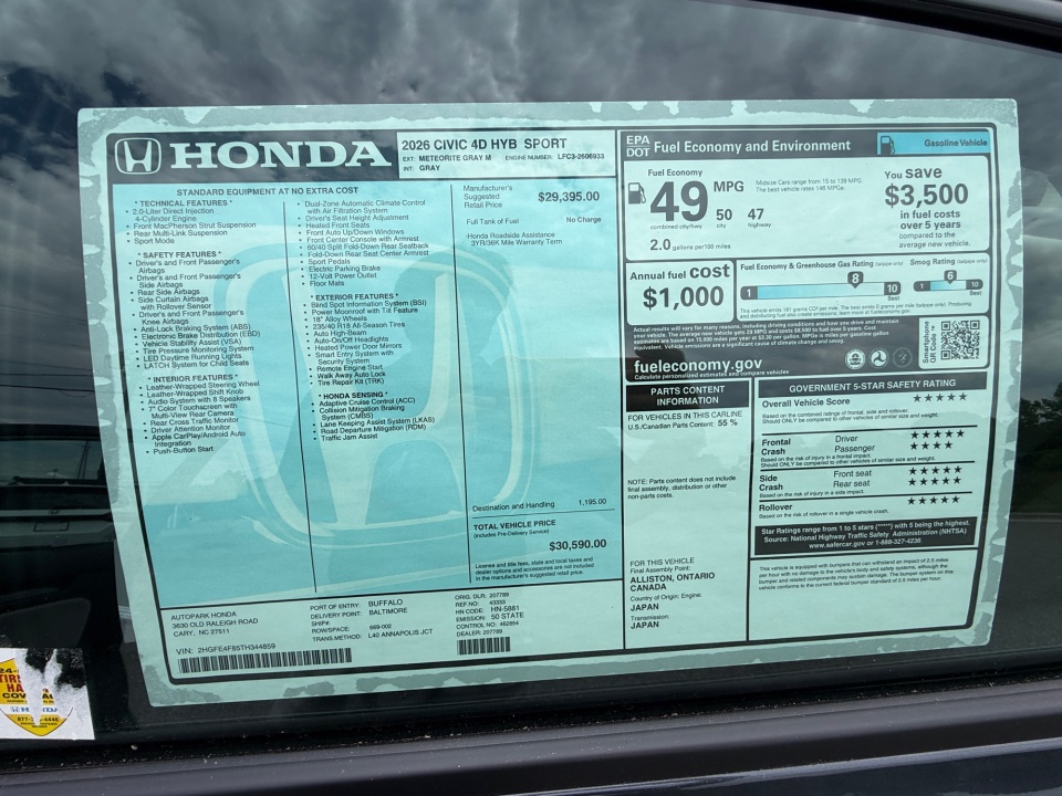 2HGFE4F85TH344859 2026 Honda Civic Hybrid Sport
