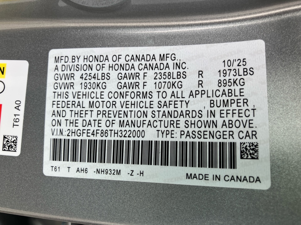 2HGFE4F86TH322000 2026 Honda Civic Hybrid Sport