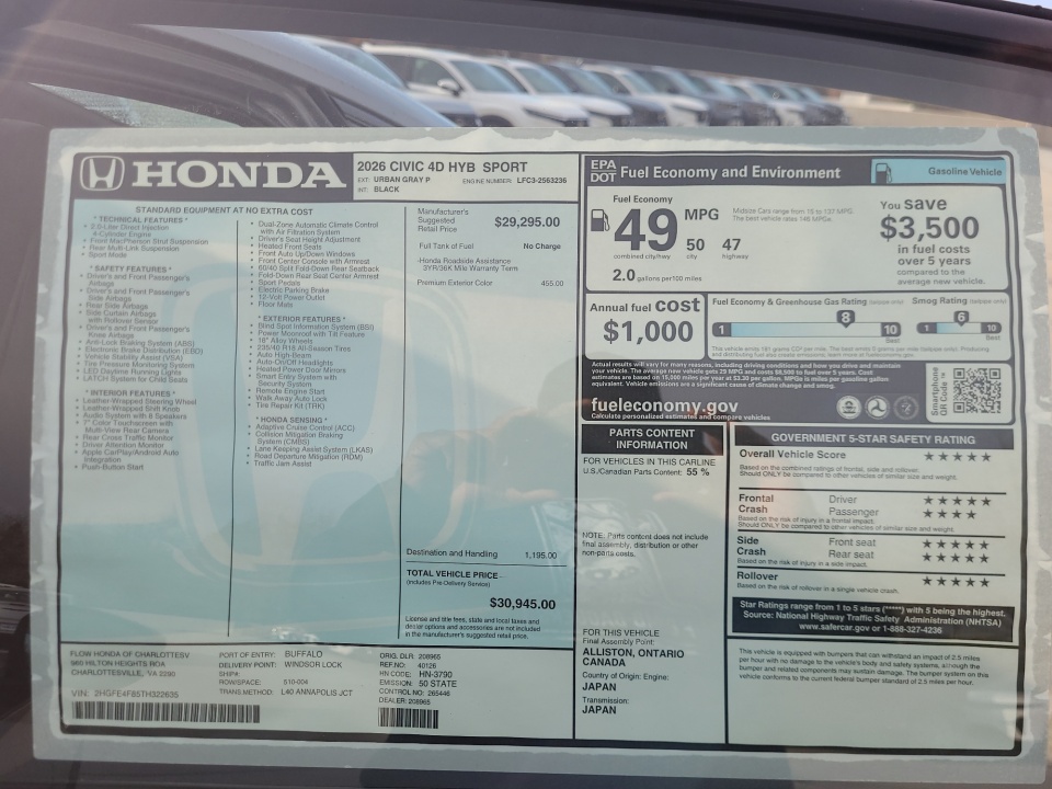 2HGFE4F86TH327763 2026 Honda Civic Hybrid Sport