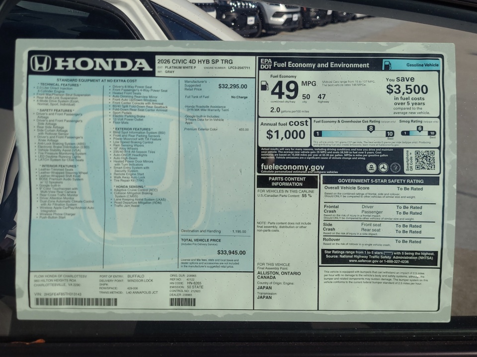 2HGFE4F89TH320564 2026 Honda Civic Hybrid Sport