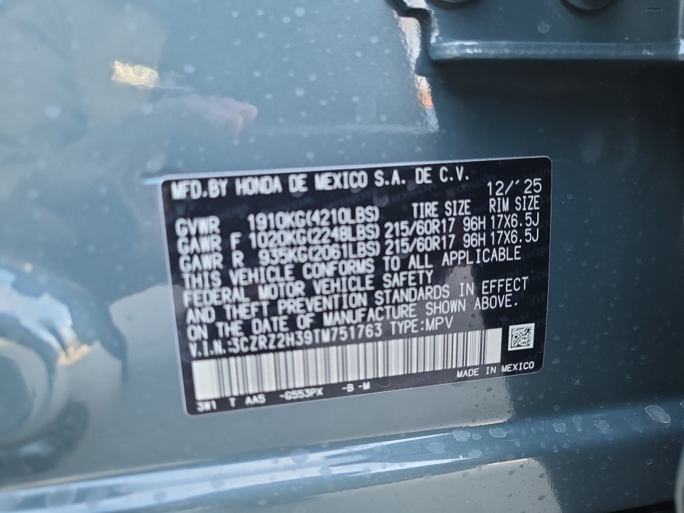 3CZRZ2H39TM751763 2026 Honda HR-V AWD LX