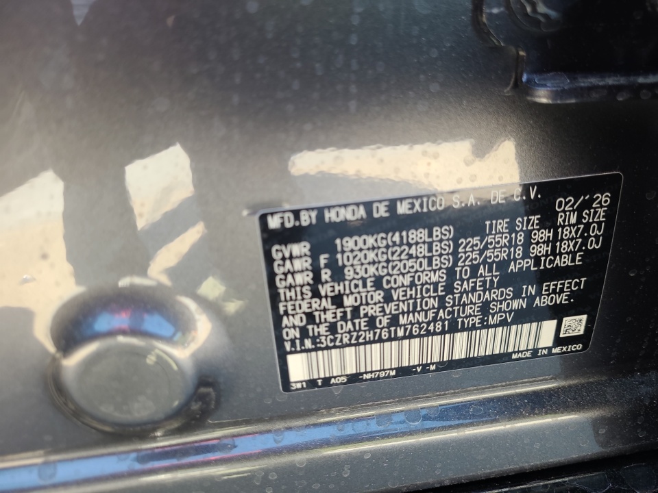 3CZRZ2H76TM762481 2026 Honda HR-V AWD EX-L