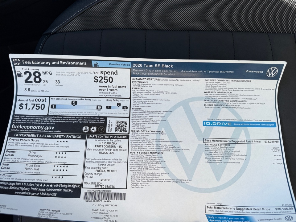 3VV2C7B26TM022501 2026 Volkswagen Taos SE Black