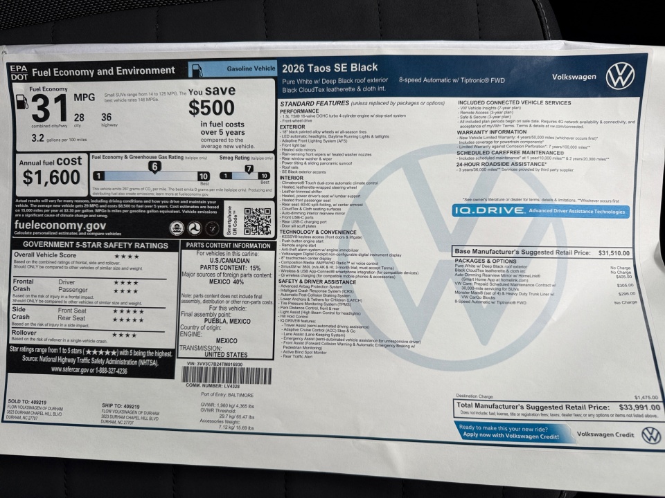 3VV3C7B24TM016930 2026 Volkswagen Taos SE Black