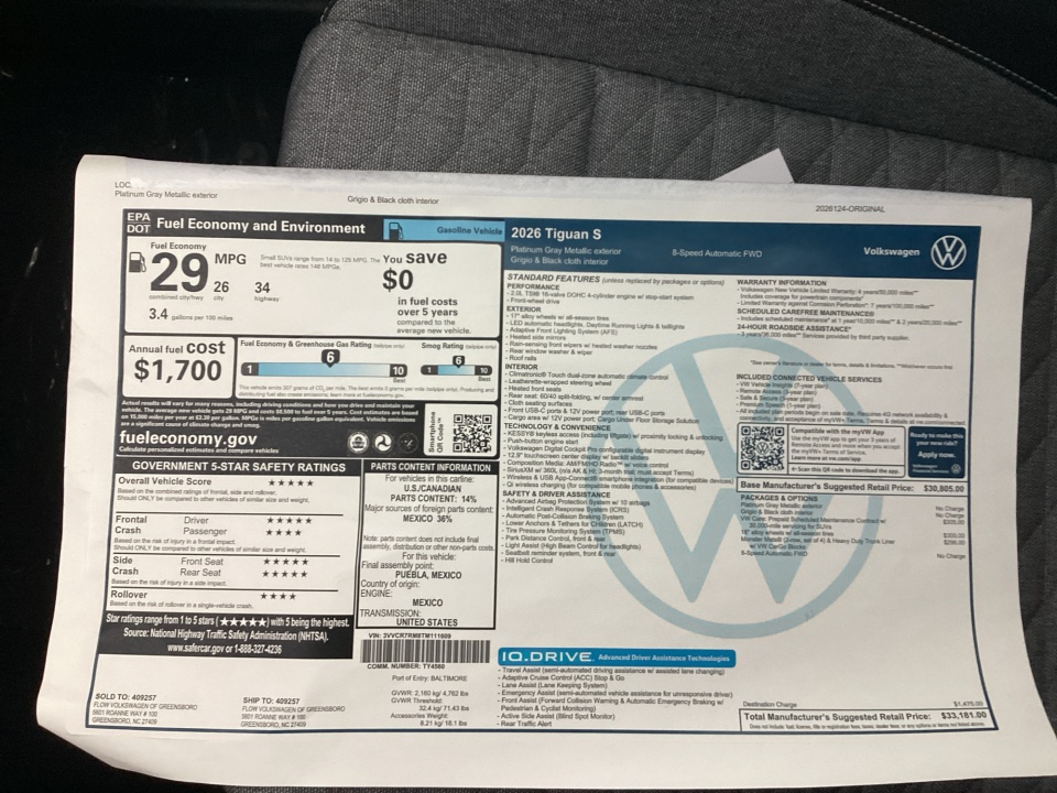 3VVCR7RM8TM111609 2026 Volkswagen Tiguan S