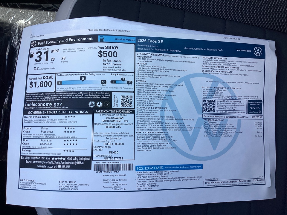 3VVEC7B25TM068043 2026 Volkswagen Taos SE