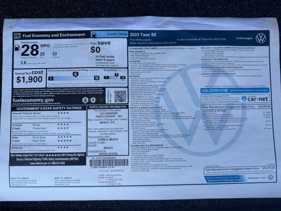 3VVVC7B20SM066893 2025 Volkswagen Taos 1.5T SE