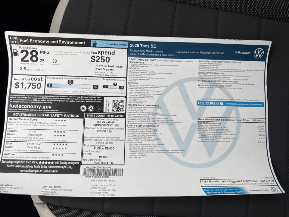 3VVVC7B24TM014944 2026 Volkswagen Taos SE